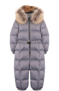 Пуховый комбинезон с меховой отделкой на капюшоне Moncler Enfant