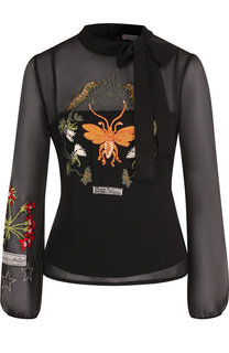 Полупрозрачная блуза с декоративной вышивкой и воротником аскот REDVALENTINO