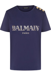 Хлопковая футболка с логотипом бренда и контрастными пуговицами Balmain