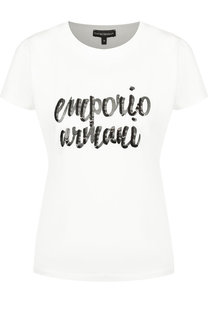 Хлопковая футболка с круглым вырезом и логотипом бренда Emporio Armani