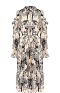 Шелковое платье-миди с оборками и принтом Alexander McQueen