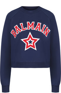 Хлопковый пуловер с круглым вырезом и логотипом бренда Balmain