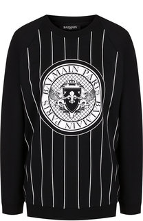 Хлопковый пуловер с круглым вырезом и логотипом бренда Balmain