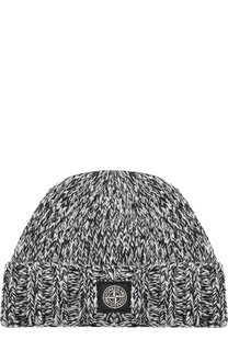 Шерстяная шапка фактурной вязки с логотипом бренда Stone Island