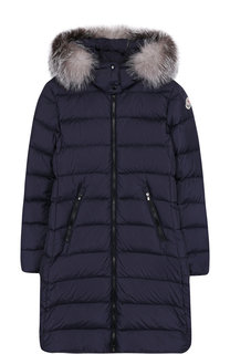 Пуховое пальто на молнии с капюшоном и меховой отделкой Moncler Enfant