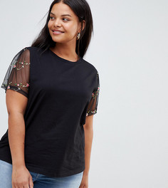 Футболка с цветочной вышивкой на коротких сетчатых рукавах ASOS DESIGN Curve - Черный