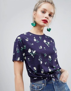 Футболка с цветочным принтом и завязкой New Look - Синий
