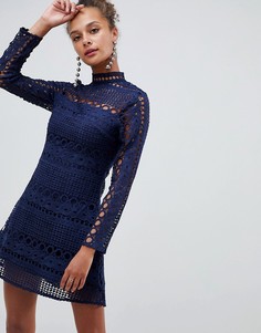 Короткое приталенное платье с высоким воротником и длинными рукавами Parisian - Темно-синий