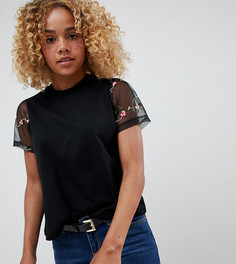 Футболка с цветочной вышивкой на рукавах ASOS DESIGN Petite - Черный
