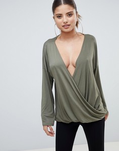 Драпированный топ с запахом PrettyLittleThing - Зеленый