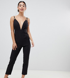 Комбинезон с глубоким вырезом и широкими брюками со складками ASOS DESIGN Petite - Черный