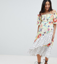 Платье миди с вырезом бандо, оборкой и разными принтами ASOS DESIGN Maternity - Мульти