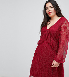 Кружевное короткое приталенное платье с длинными рукавами Junarose - Красный