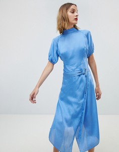 Атласное платье миди с вырезом под горло и поясом Lost Ink - Синий