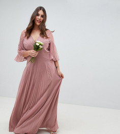 Плиссированное платье макси для подружки невесты с рукавами клеш и кружевными вставками ASOS DESIGN Curve - Розовый