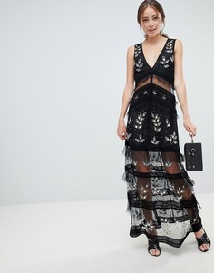 Черное ярусное платье макси с кружевной отделкой Miss Selfridge - Черный