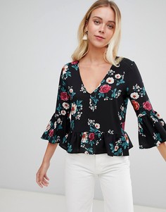 Блузка с рукавами клеш и цветочным принтом Glamorous - Черный