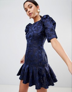 Платье с оборками на плечах и цветочным принтом C/meo Collective - Темно-синий