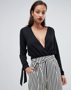 Шифоновое боди с глубоким вырезом PrettyLittleThing - Черный