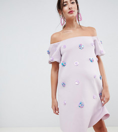 Свободное платье с отделкой 3D, широким вырезом и пышными рукавами ASOS DESIGN Maternity - Фиолетовый