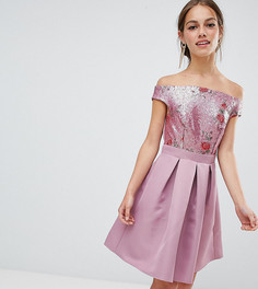 Короткое платье для выпускного с отделкой пайетками и открытыми плечами Little Mistress Petite - Розовый