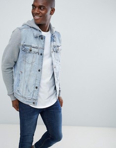 Светлая джинсовая куртка с серым трикотажным капюшоном и рукавами Hollister - Синий