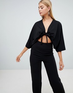 Креповый комбинезон с рукавами летучая мышь PrettyLittleThing - Черный