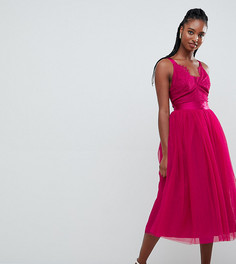Платье миди для выпускного с ленточным поясом, кружевным топом и юбкой из тюля ASOS DESIGN TALL - Розовый