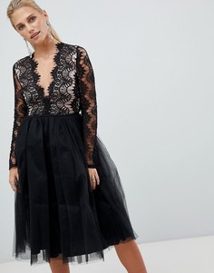Платье с кружевным топом и длинными рукавами Rare London - Черный