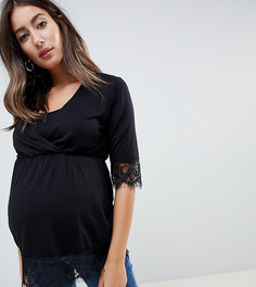 Топ с запахом и кружевной отделкой на манжетах и по краю ASOS DESIGN Maternity - Черный