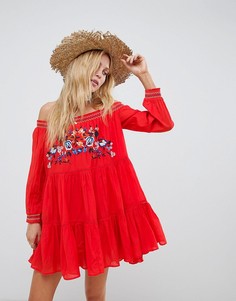 Платье с открытыми плечами и вышивкой Free People - Красный