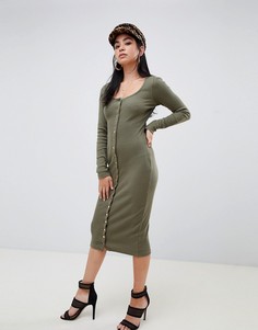 Платье миди цвета хаки в рубчик с кнопками Missguided - Белый