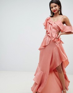 Атласное платье макси с оборками ASOS DESIGN - Розовый