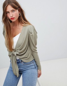 Блузка с узелком и сборками на рукавах ASOS DESIGN - Зеленый