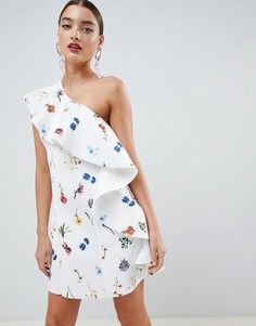 Платье-трапеция мини на одно плечо с цветочным принтом ASOS DESIGN - Мульти
