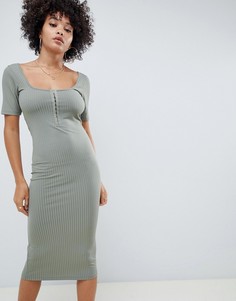 Платье миди в рубчик с глубоким овальным вырезом и крючками ASOS DESIGN - Зеленый