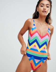 Купальник с вырезом сзади в яркую шевронную полоску ASOS DESIGN - Мульти