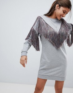 Трикотажное платье с разноцветной бахромой ASOS DESIGN - Серый