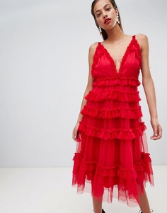 Ярусное платье миди из тюля с оборками ASOS DESIGN - Красный