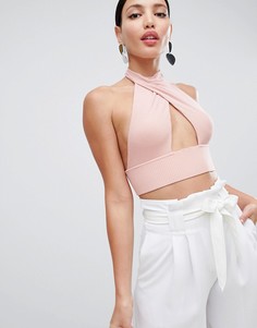 Кроп-топ в рубчик с лямкой через шею ASOS DESIGN - Розовый