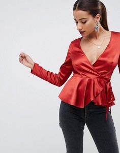 Атласный топ с запахом и баской ASOS DESIGN - Оранжевый