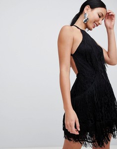 Короткое приталенное платье с открытой спиной, кружевом и бахромой ASOS DESIGN - Черный