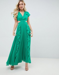 Платье макси с плиссировкой и оборкой ASOS DESIGN - Зеленый