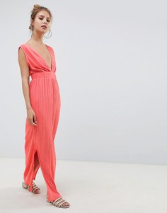 Плиссированное платье макси с глубоким вырезом ASOS DESIGN - Розовый