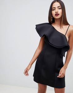 Платье-трапеция мини на одно плечо с оборками ASOS DESIGN - Черный