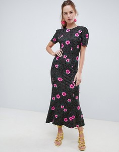 Монохромное чайное платье макси в горошек с цветочным принтом ASOS DESIGN - Мульти