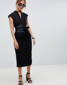 Платье-футляр миди с поясом оби из искусственной кожи ASOS DESIGN - Черный
