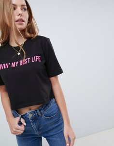 Укороченная футболка с принтом livin my best life ASOS DESIGN - Черный