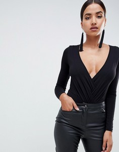 Боди с длинными рукавами и глубоким вырезом ASOS DESIGN - Черный