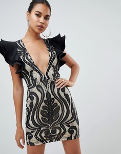 Платье мини с оборками на рукавах и вышивкой PrettyLittleThing - Черный